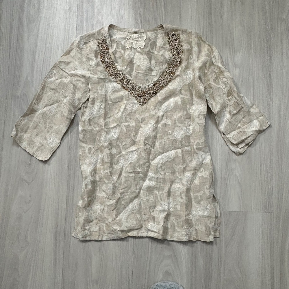 Antica Sartoria Italia Tunic Top Women Beaded V Neck Linen Blend XS